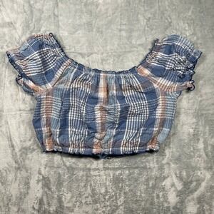 American Eagle Plaid Off The Shoulder Ruffle Crop Lined Top M Blue Pink Tan M